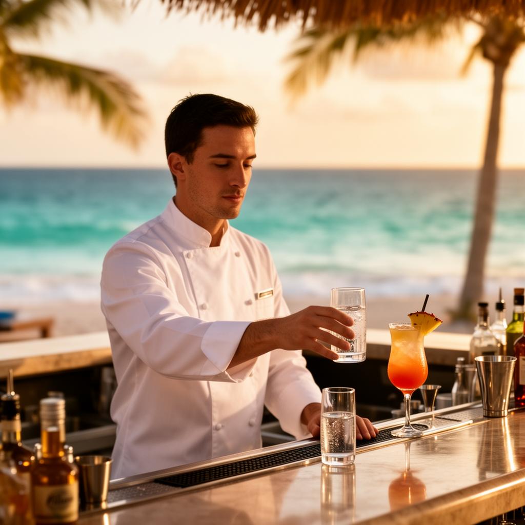 Professional bartender in Aruba serving water alongside a cocktail at golden hour